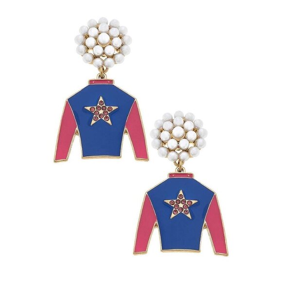 Canvas Style - Risen Star Pearl Cluster Jockey Enamel Earrings in Blue & Fu - Picture 1 of 1